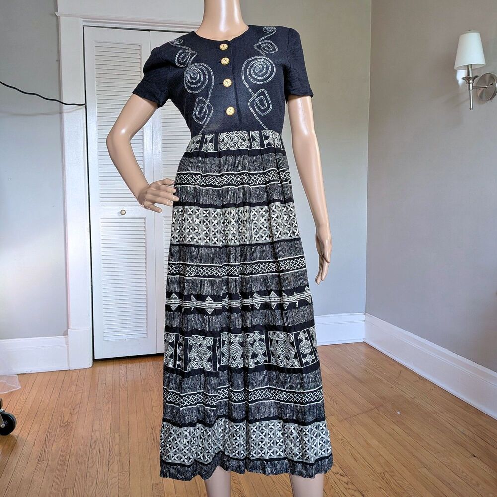 Vintage 90s Jessica Howard Midi Dress Linen Blend Cottagecore Folk Size 6